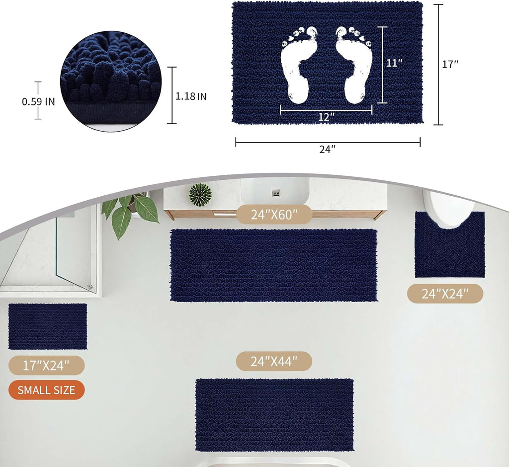 Disolla Small Bath Mat 17x24 Inch - Chenille Navy Blue Bathroom Rug, Extra Soft Absorbent Plush Shaggy Bathmat, Non-Slip Machine Washable Floor Mat for Shower, Tub and Sink