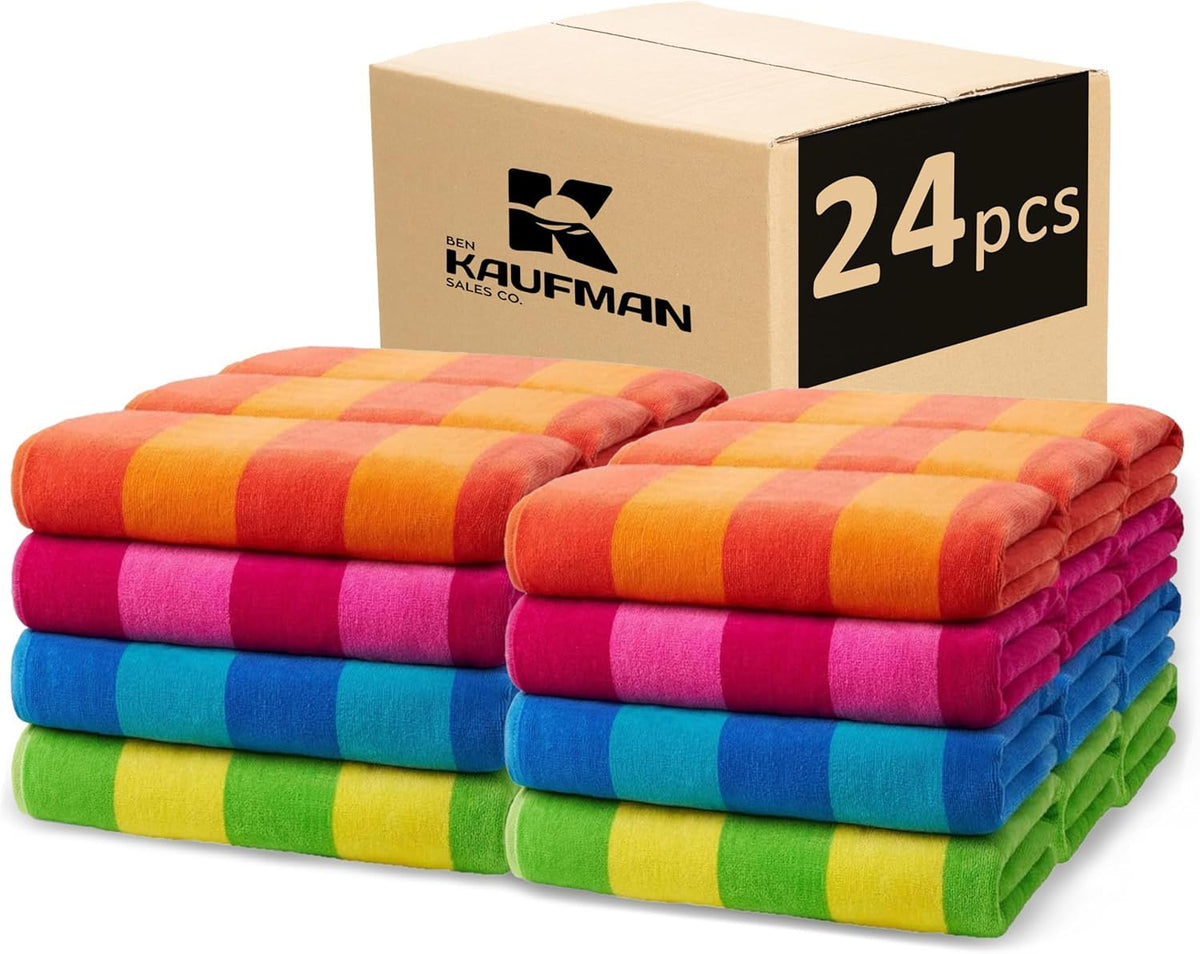 Kaufman - Soft Oversized Beach Towels in Bulk | 29" x 58" Velour Striped Towel | Absorbent, Quick-Drying | 100% Cotton Thick Towels (4 Pack)