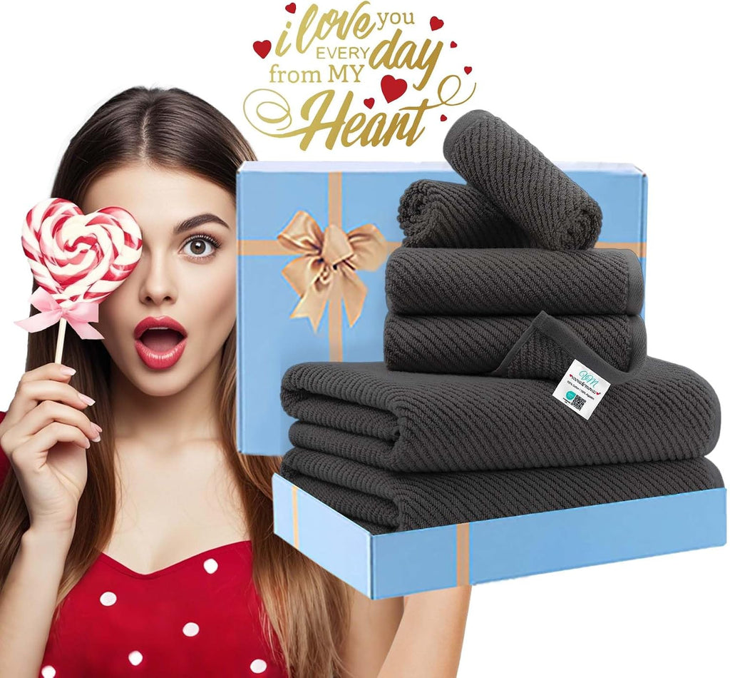 VOOVA & MOVAS 6PC Towel Set, 100% Cotton, Dark Grey