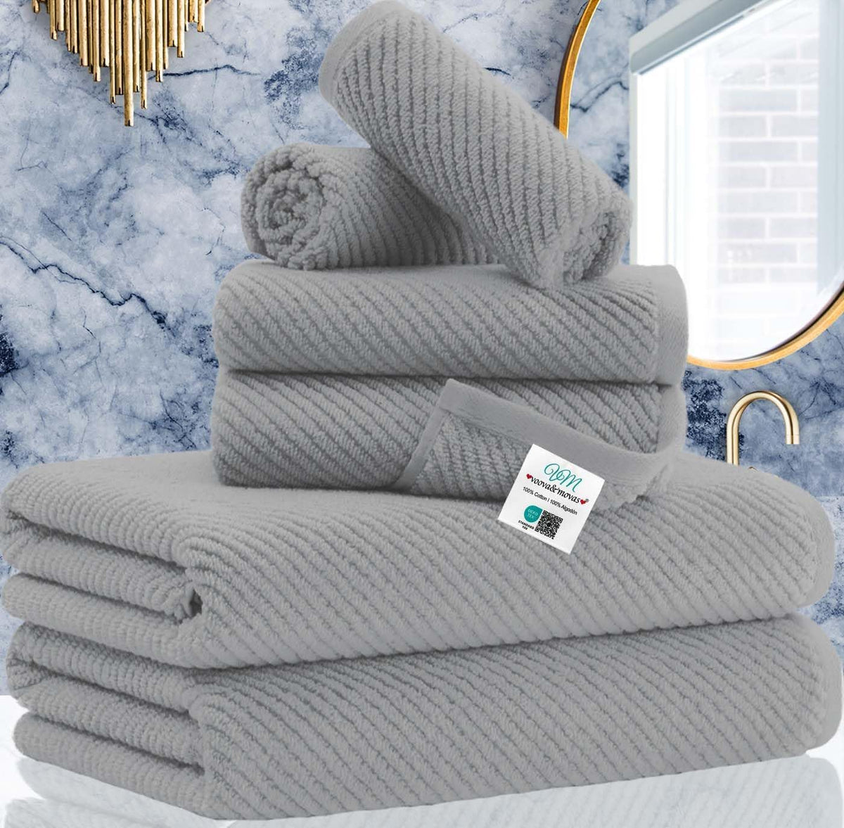 VOOVA & MOVAS 6PC Towel Set, 100% Cotton, Dark Grey