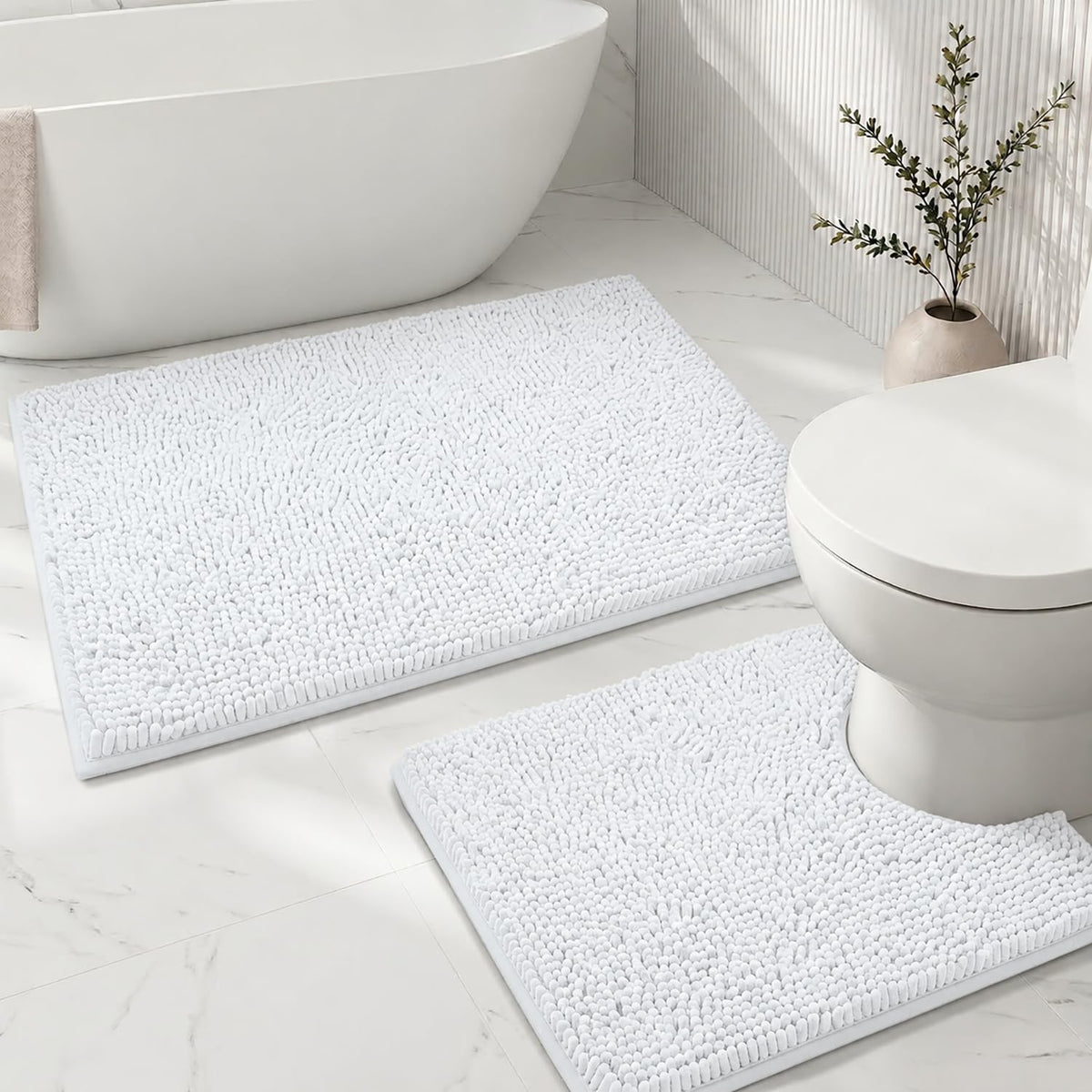 Bathroom Rugs Sets 2 Piece,Super Absorbent Soft,Thick,Machine Washable Chenille Bath Mat,Non Slip Toilet Floor Rug,Bath Mats for Bathroom,20x32 Plus 20x20 U Shape,Light Grey
