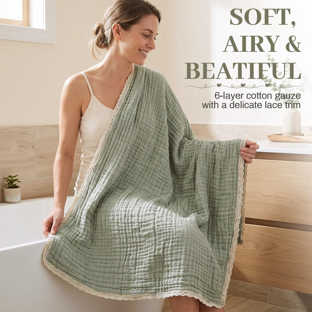Lightweight Cotton Bath Towels, 2 Pack Quick Dry Muslin Towels for Adults