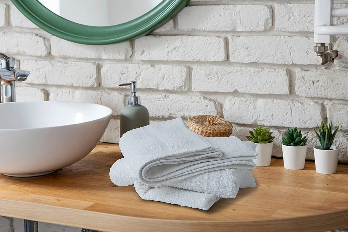 Basic Hand Towels 16x26 Inches – Pack of 12 – White Color – Soft and Absorbent Multipurpose Cotton Towels for Bathroom, Spa, Gym, Salon, Hotel, and Everyday Use