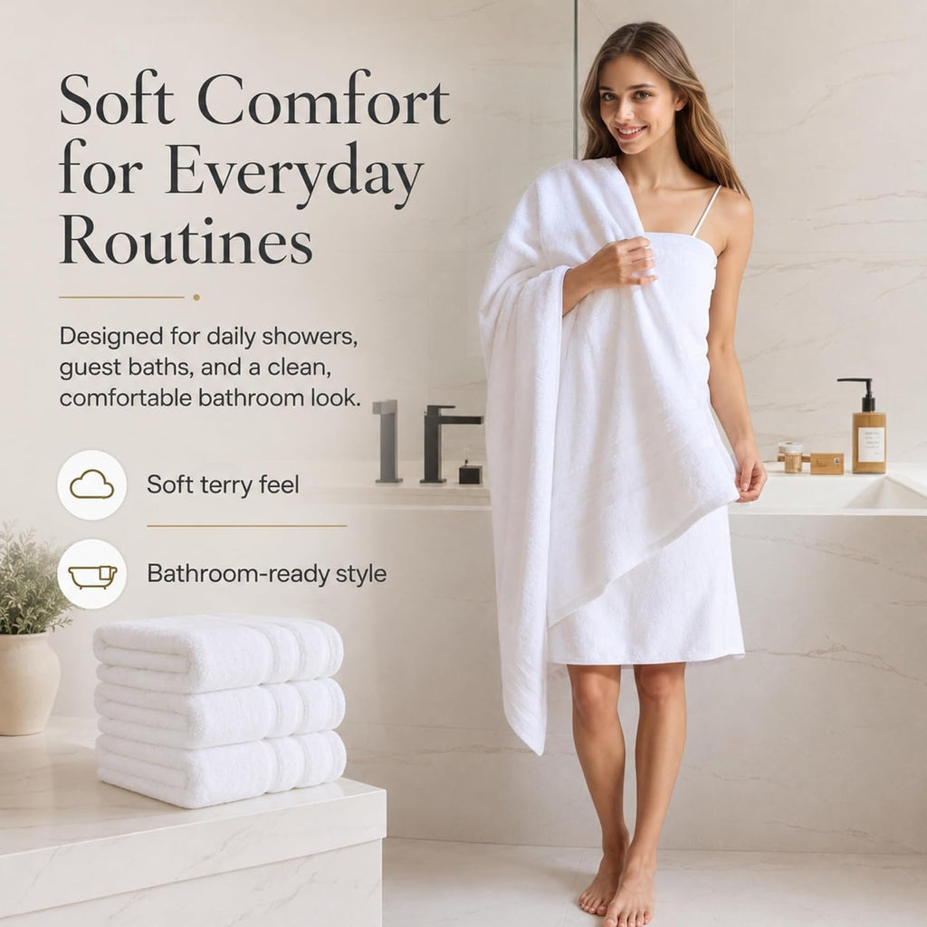 Velqora Large Bath Towels 4 Pack, 30x60 in, 100% Cotton, White