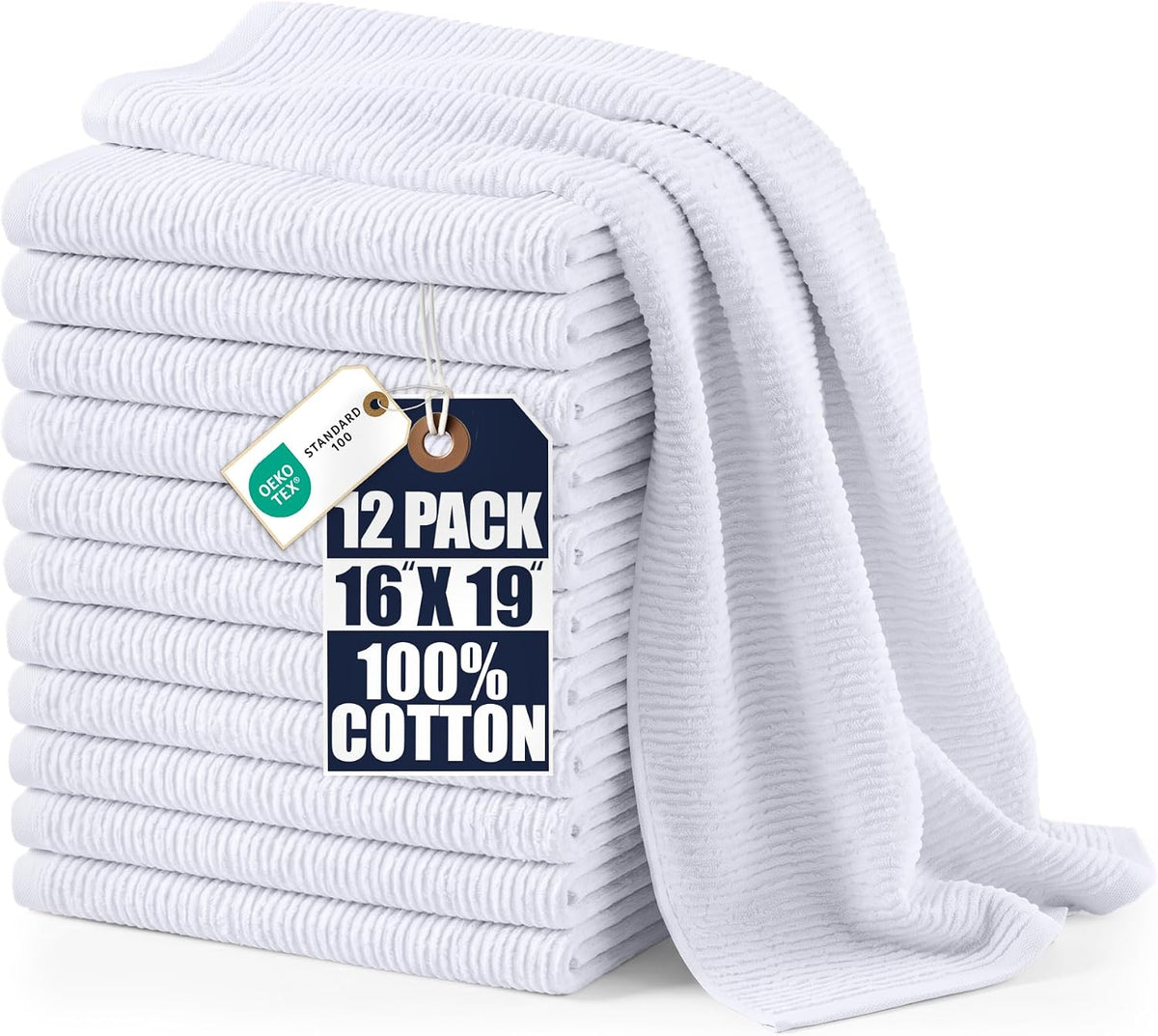Utopia Towels Ribbed Kitchen Bar Mops, 12 Pack, 16x19 in, Cotton, White