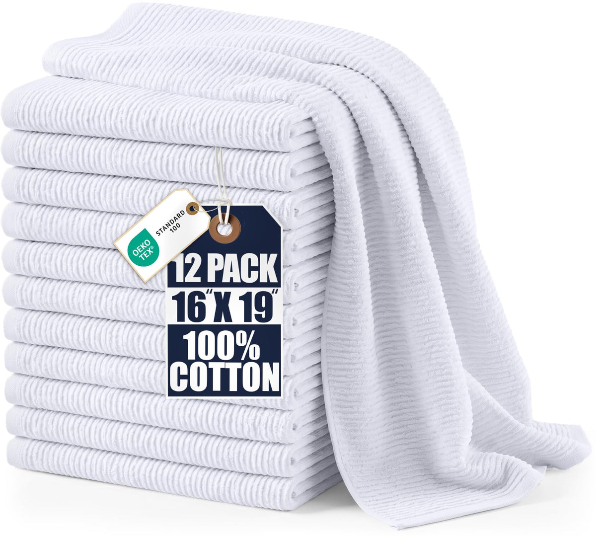 Utopia Towels Ribbed Kitchen Bar Mops, 12 Pack, 16x19 in, Cotton, White