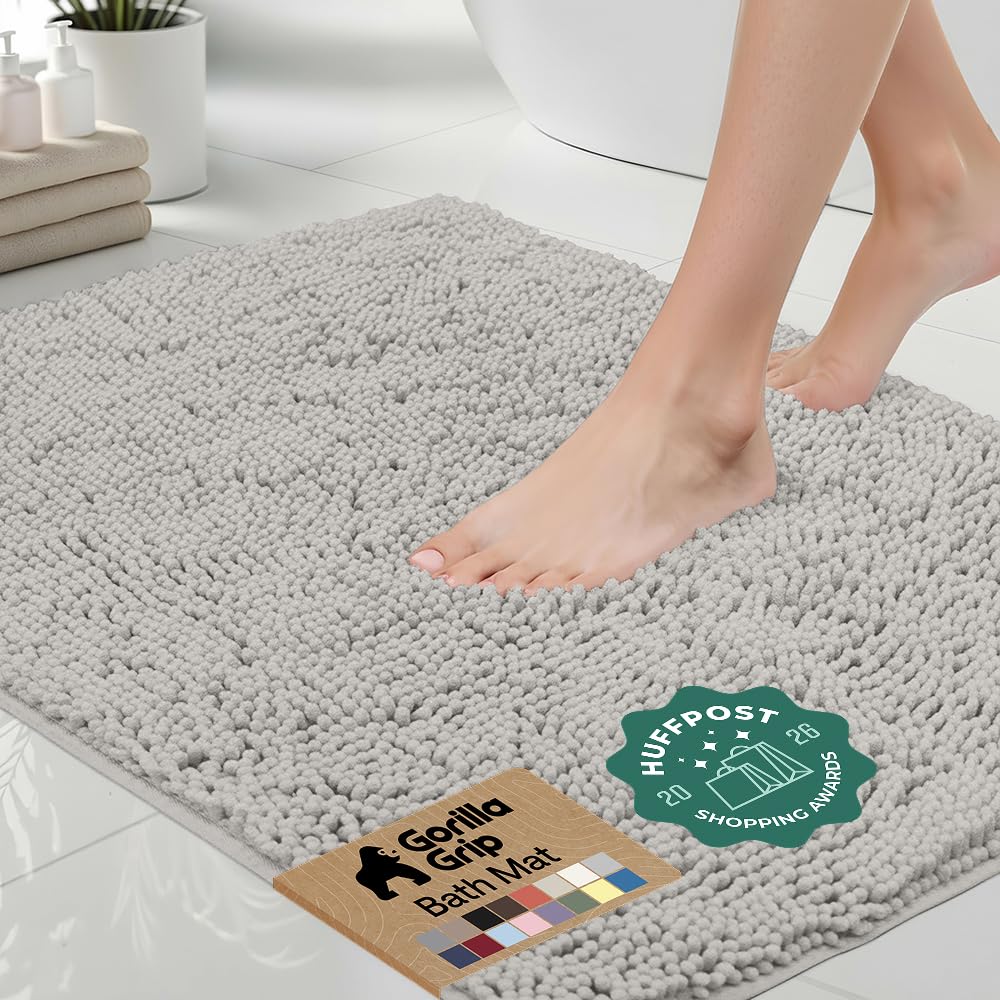 GORILLA GRIP Bath Rug Mat for Bathroom, Absorbent Chenille, 24x17 Gray