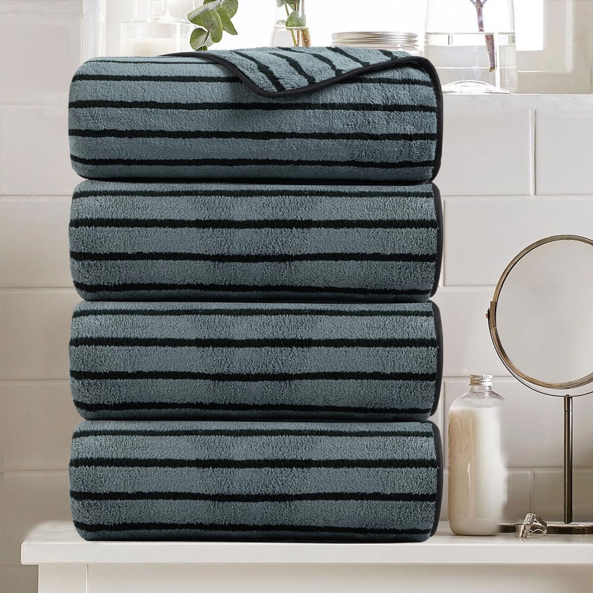 8 Pcs Brown Cabana Stripe Large Bath Towel Set-2 Bathroom Towels,2 Hand Towels,4 Washcloths Lightweight Soft Microfiber Bath Sheet Absorbent Shower Towel Quick Dry Beach Chair Spa Gym Hotel Towels