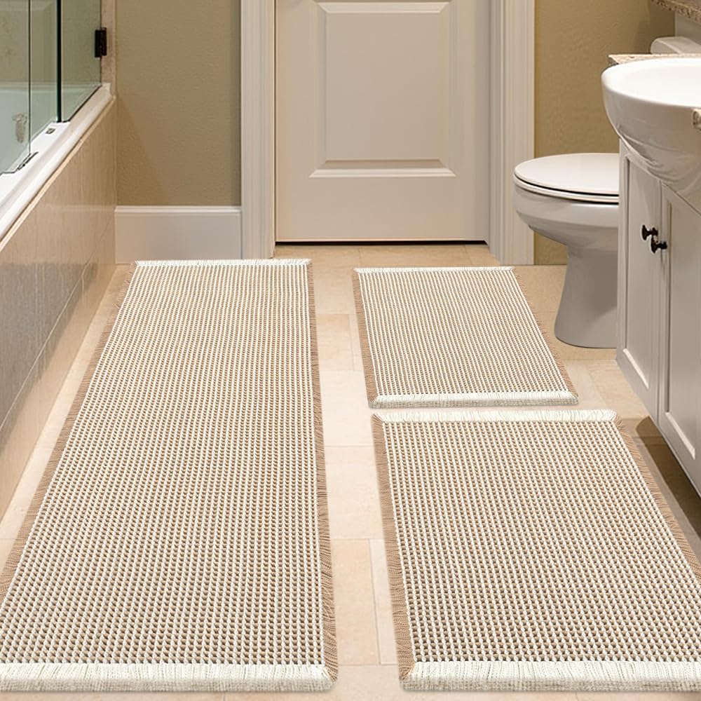 IM HOME Waffle Bath Mat Beige 32"x20", Boho Woven Modern Bath Mat Rugs, Absorbent Non Slip Bathroom Rugs, Soft Washable Bath Rugs with Tassels for Bathroom, Bedroom, Kitchen, Shower, Tub