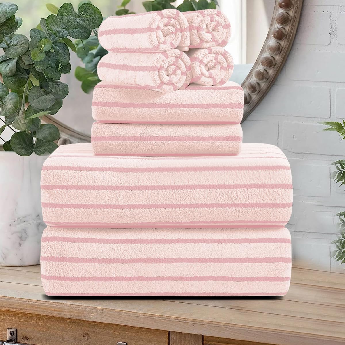 8 Pcs Brown Cabana Stripe Large Bath Towel Set-2 Bathroom Towels,2 Hand Towels,4 Washcloths Lightweight Soft Microfiber Bath Sheet Absorbent Shower Towel Quick Dry Beach Chair Spa Gym Hotel Towels