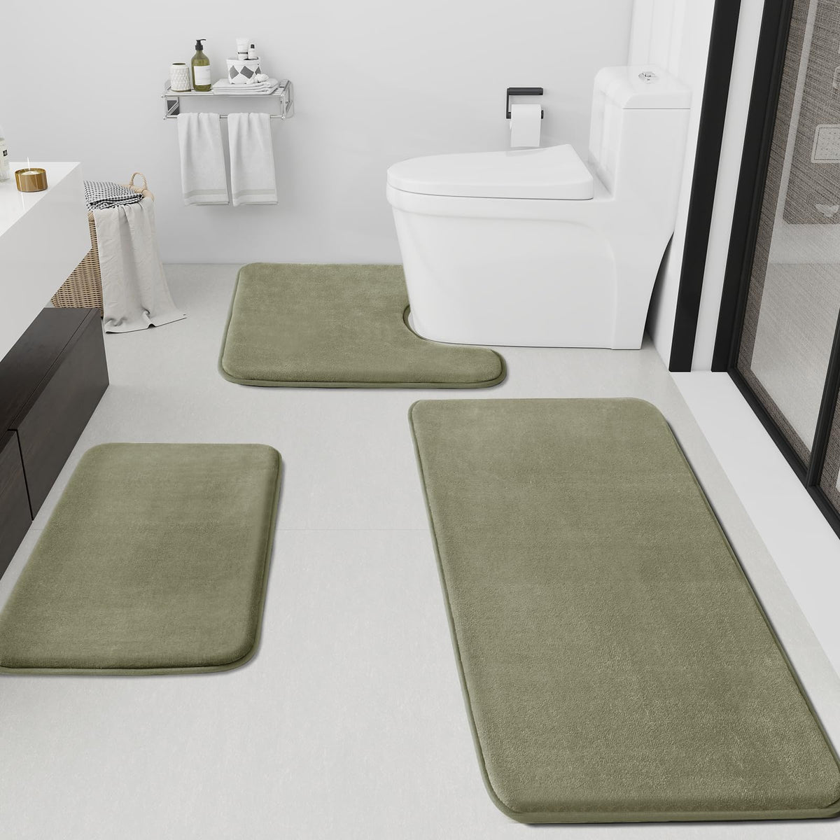 HUXMEYSON Bathroom Rugs Sets 3 Piece, Non-Slip & Quick Dry Bath Mat Set, Ultra Soft Velvet Bath Rugs for Bathroom, Toilet and Shower Floor, Grey