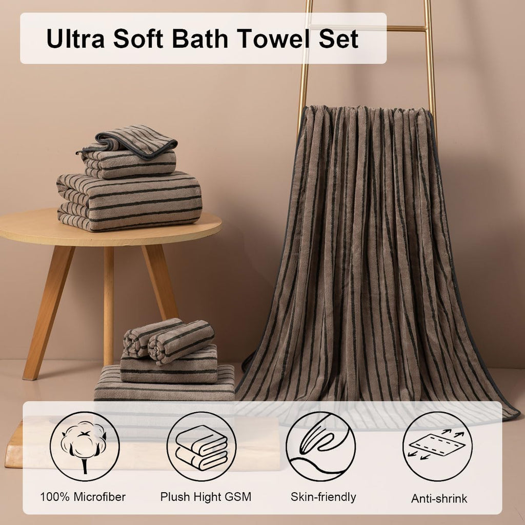 8 Pcs Brown Cabana Stripe Large Bath Towel Set-2 Bathroom Towels,2 Hand Towels,4 Washcloths Lightweight Soft Microfiber Bath Sheet Absorbent Shower Towel Quick Dry Beach Chair Spa Gym Hotel Towels