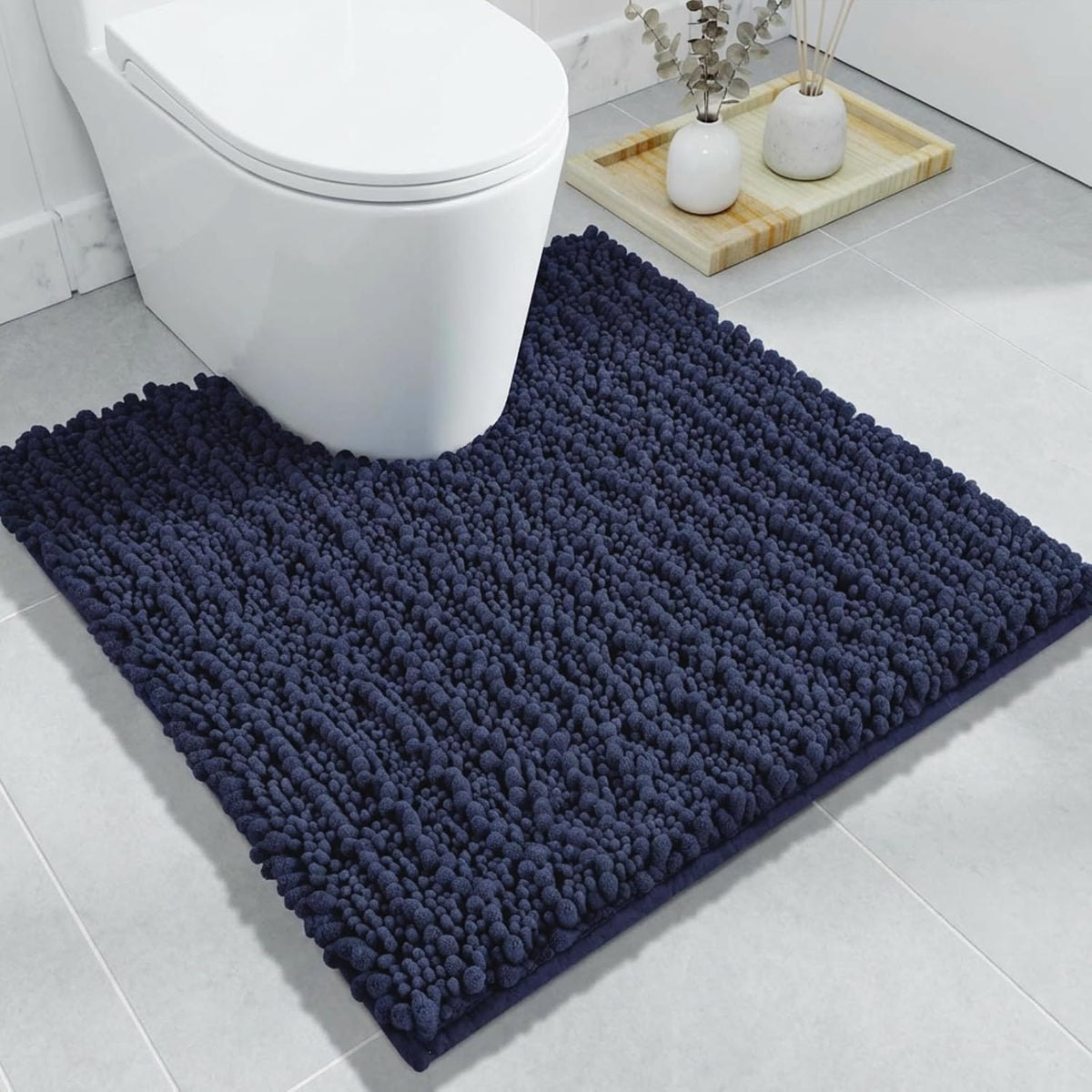 Disolla Navy Blue Bathroom Rug 20x32 Inch - Luxury Chenille Bath Mat, Thick Shaggy Plush Absorbent Rug, Non-Slip Machine Washable Mats for Bathroom Floor & Decor