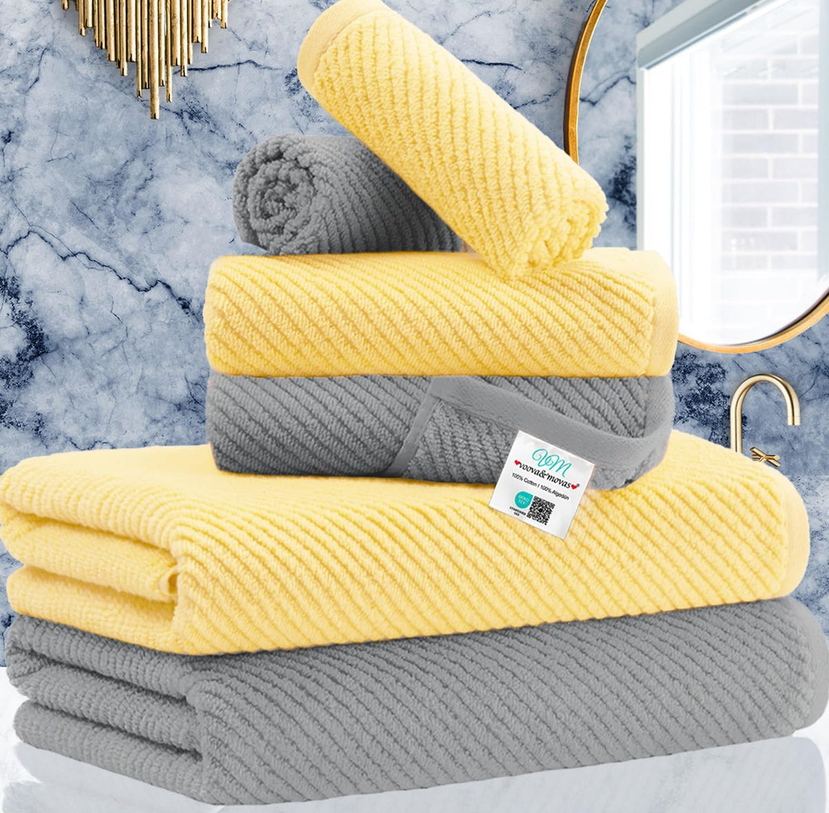 VOOVA & MOVAS 6PC Towel Set, 100% Cotton, Dark Grey