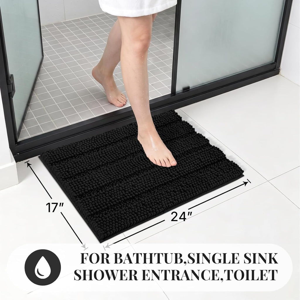Bcoimo Small Bath Rug Mat,24x17 Chenille Non Slip Black Bathroom Floor Mats
