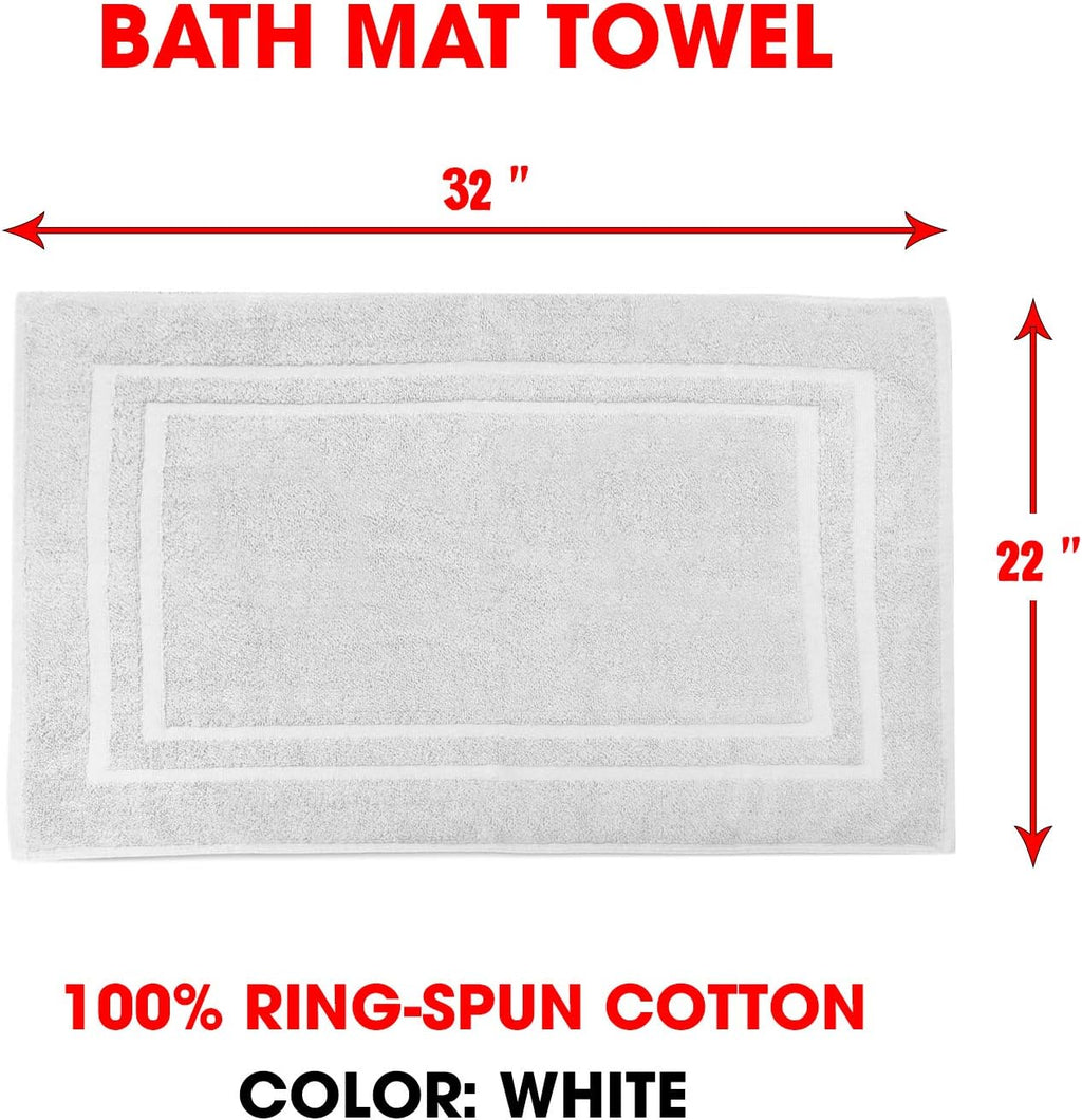 Bath Mat Floor Towel for Bathroom – 22” x 32” Banded Rug - 100% Ring Spun Cotton – Highly Absorbent Machine Washable – 2 Pack White Non Rubber Backing Mats – Shower Spa Hotel
