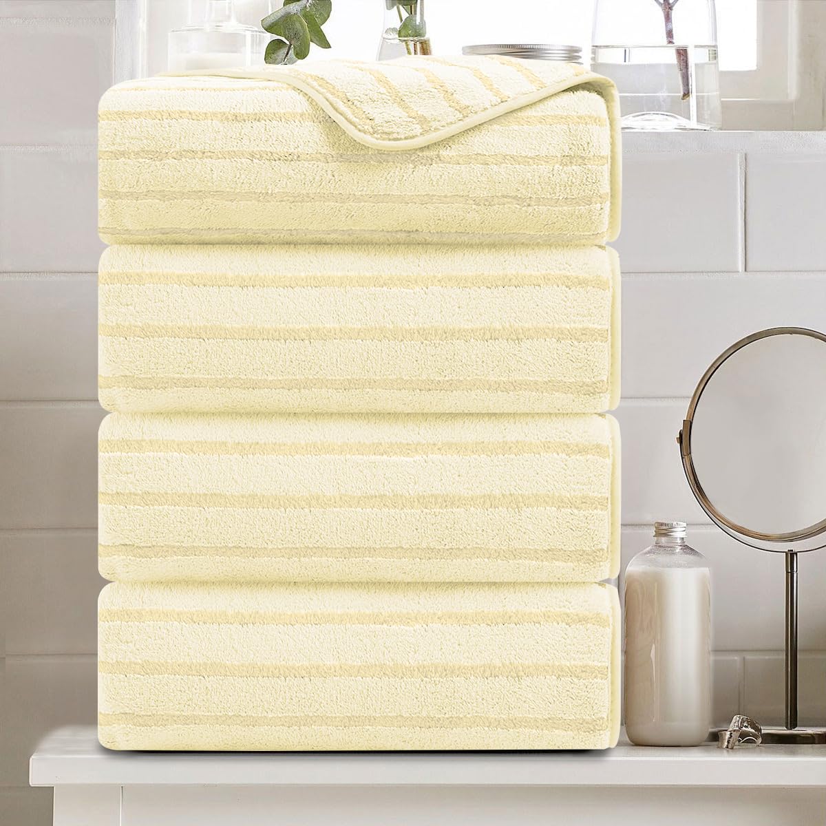 8 Pcs Brown Cabana Stripe Large Bath Towel Set-2 Bathroom Towels,2 Hand Towels,4 Washcloths Lightweight Soft Microfiber Bath Sheet Absorbent Shower Towel Quick Dry Beach Chair Spa Gym Hotel Towels