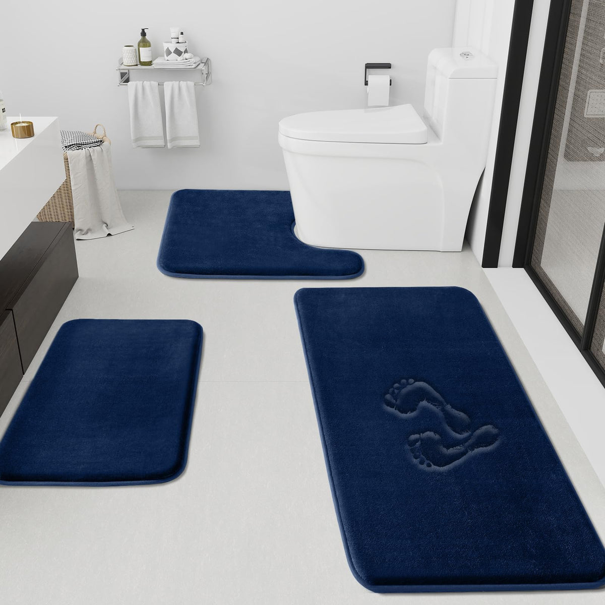HUXMEYSON Bathroom Rugs Sets 3 Piece, Non-Slip & Quick Dry Bath Mat Set, Ultra Soft Velvet Bath Rugs for Bathroom, Toilet and Shower Floor, Grey