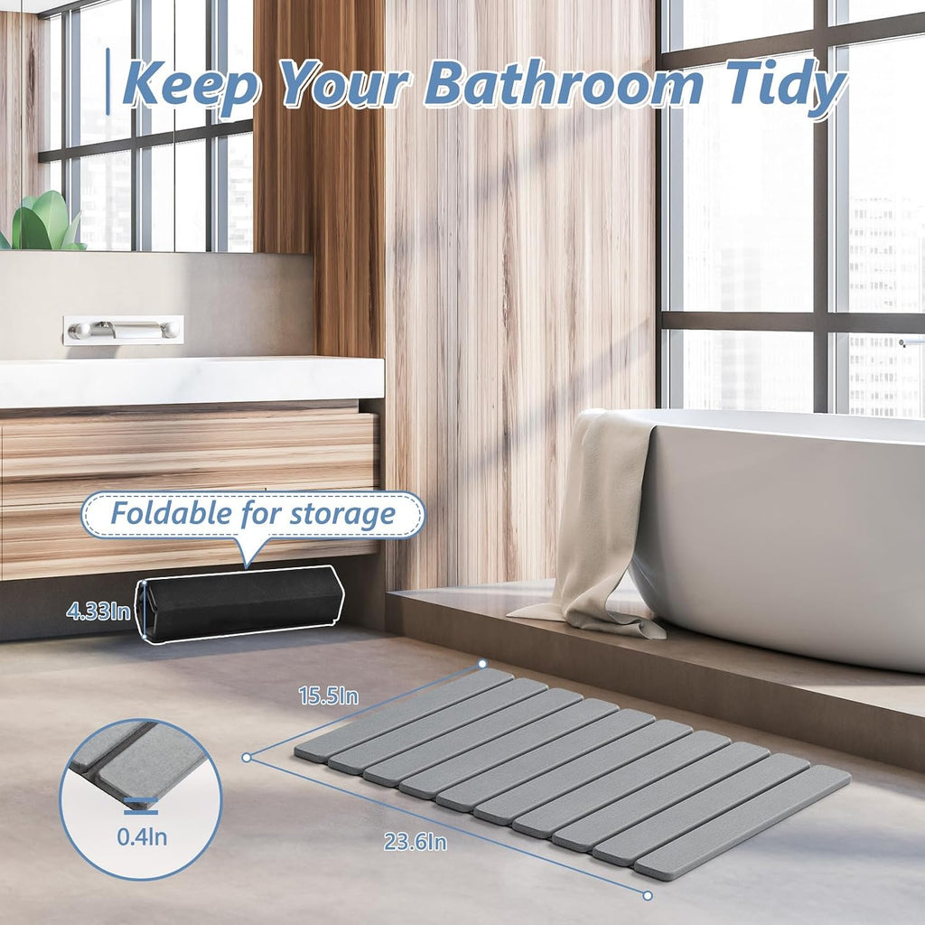AWW Foldable Stone Bath Mat, Diatomaceous, 23.6"x15.5", Grey