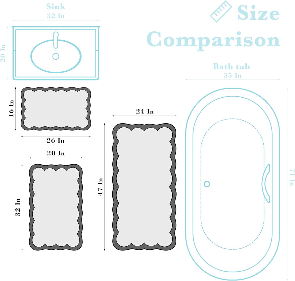 Luxury Microfiber Bathroom Rugs, White Bath Rug with Blue Scalloped Piping Cute Aesthetic Preppy Bath Mat for Bathroom, Tub, Floor Carpet, Sink, Shower, Anti Slip, Absorbent, 32x20
