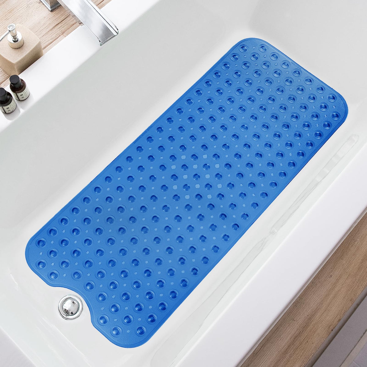 TEESHLY Bathtub Mats for Shower Tub, Extra Long Non-Slip 39 x 16 Inch Bath Mat with Drain Holes and Suction Cups, BathMat for Bathroom with Machine Washable (Clear Grey)