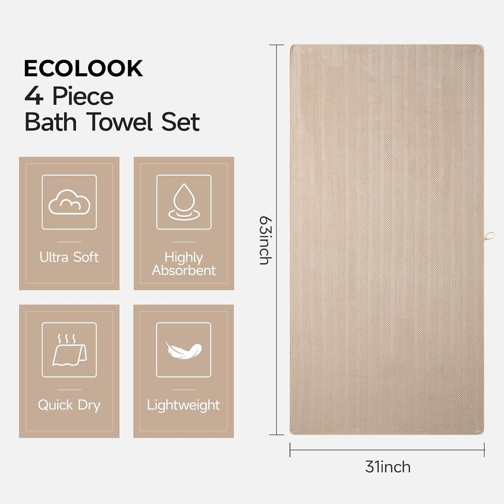 ecolook Microfiber Bath Towels Set of 4, 31 x 63 Inch Extra Large Bath Towel Set, Super Soft & Highly Absorbent, Quick Dry Lightweight Towels for Bathroom, Gym, Spa, Pool & Travel, Multicolor