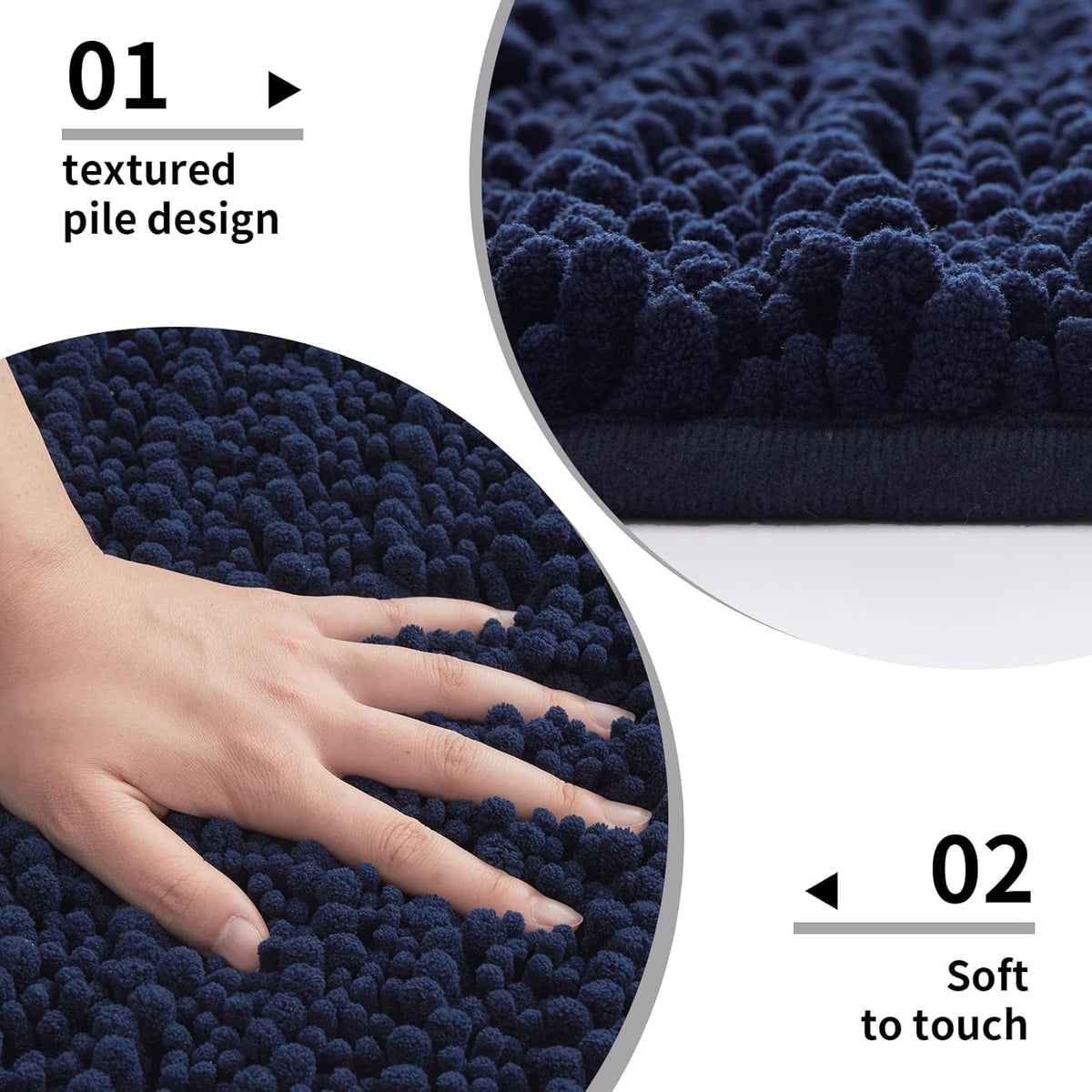Disolla Navy Blue Bathroom Rug 20x32 Inch - Luxury Chenille Bath Mat, Thick Shaggy Plush Absorbent Rug, Non-Slip Machine Washable Mats for Bathroom Floor & Decor