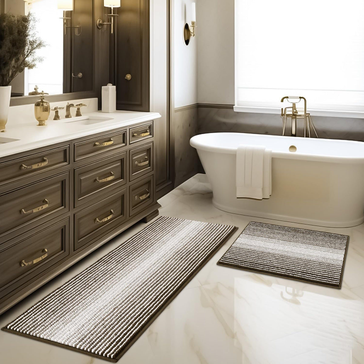 BSICPRO Bathroom Rugs Sets 2 Piece, Non Slip Striped Bath Mats, Aqua Green