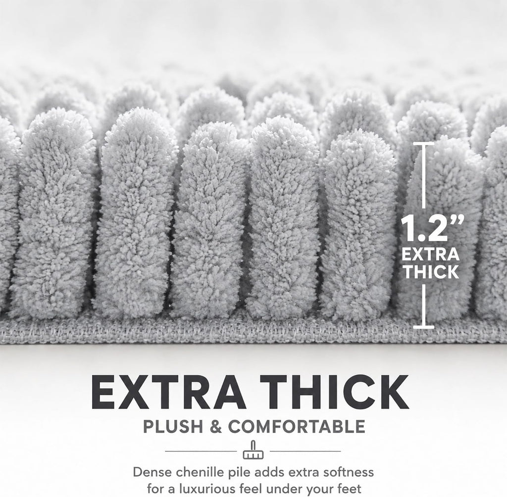 Bathroom Rugs Sets 2 Piece,Super Absorbent Soft,Thick,Machine Washable Chenille Bath Mat,Non Slip Toilet Floor Rug,Bath Mats for Bathroom,20x32 Plus 20x20 U Shape,Light Grey