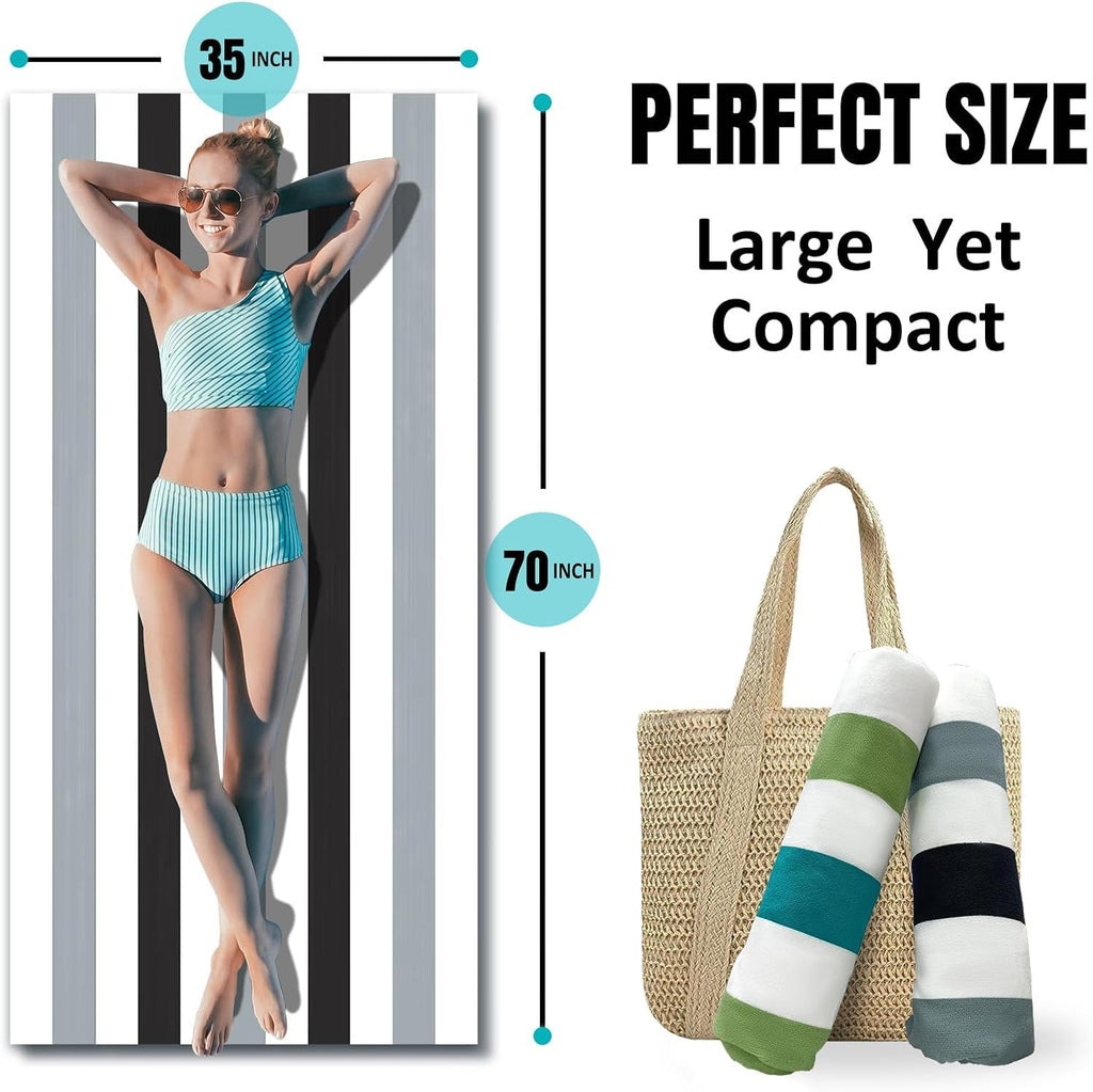 cabanana Large Oversized Beach Towel - Microfiber Sand Free 35 x 70 Inch Quick Dry Lightweight Pool Towel for Adults, Thin Striped Swim Towel (Black)