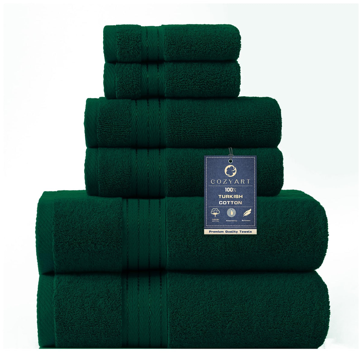 COZYART Luxury Bath Towel Set 6 Pcs, Dark Green 100% Turkish Cotton 650 GSM