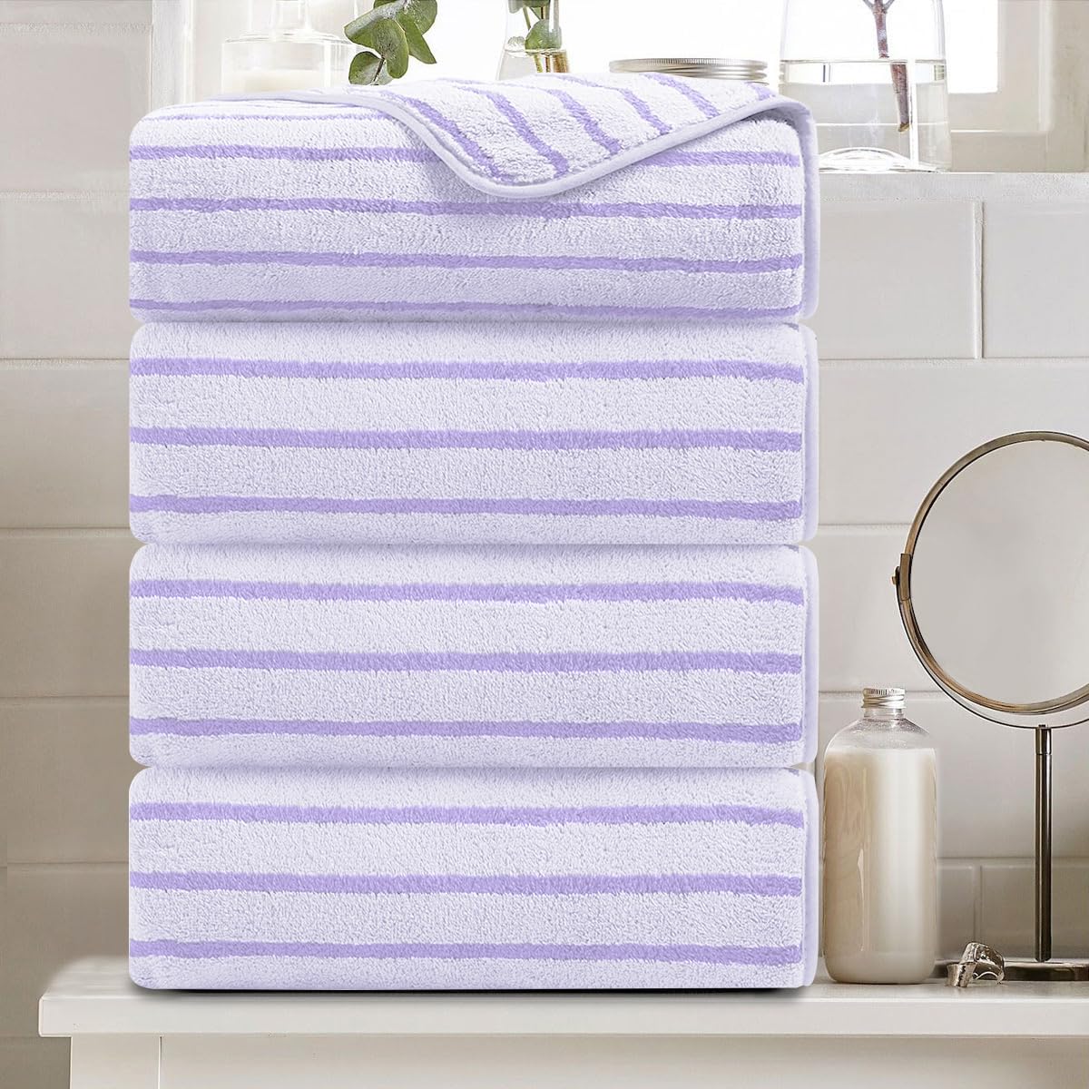 8 Pcs Brown Cabana Stripe Large Bath Towel Set-2 Bathroom Towels,2 Hand Towels,4 Washcloths Lightweight Soft Microfiber Bath Sheet Absorbent Shower Towel Quick Dry Beach Chair Spa Gym Hotel Towels