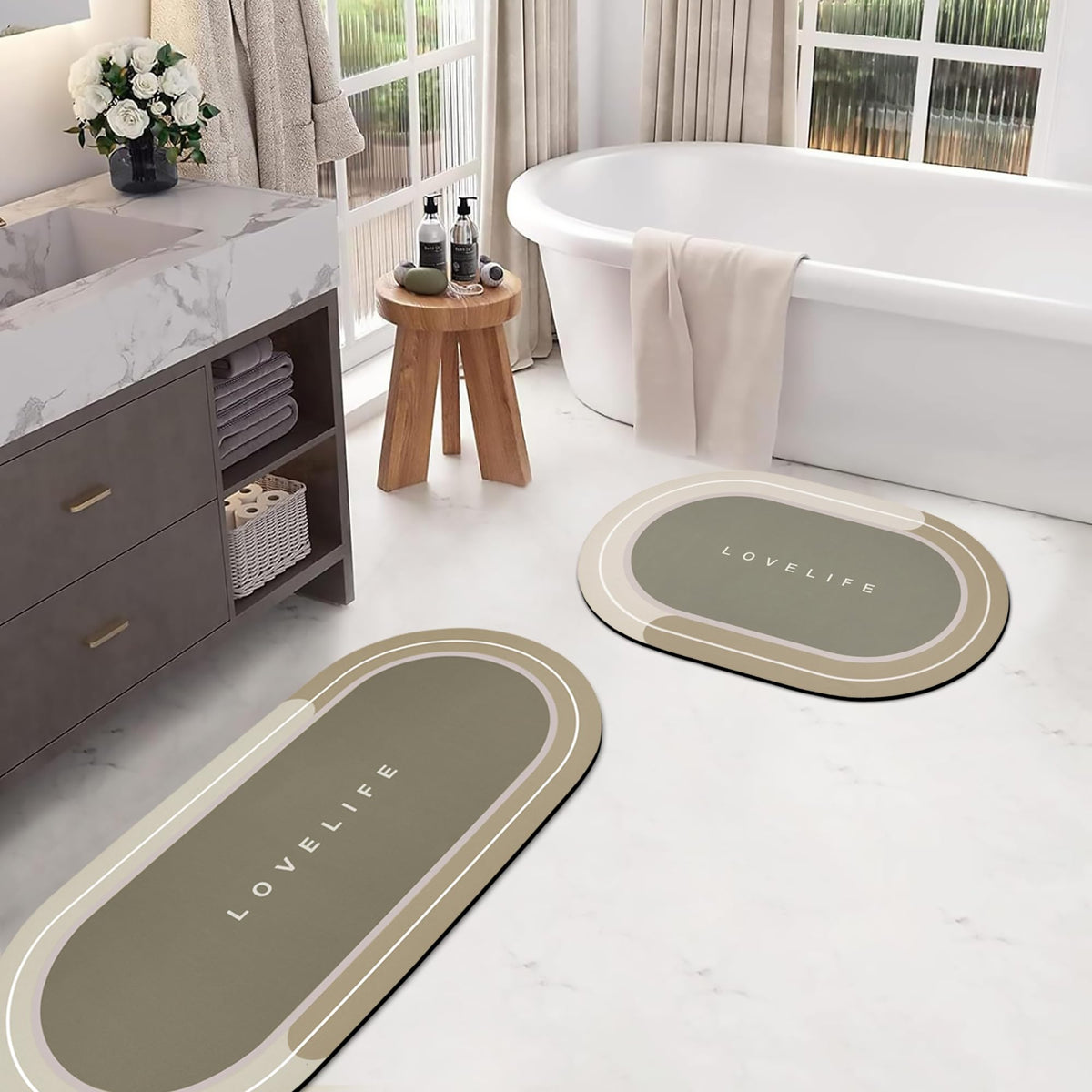 Rubber Bath mats Quick-Drying Non-Slip Bathroom mat Super Absorbent Bath mat Instant Dry Bath mat, Bathroom Rug in Front of The Kitchen Sink, Shower Room, Bathtub, Oval(Grey+16.9x26.7in)