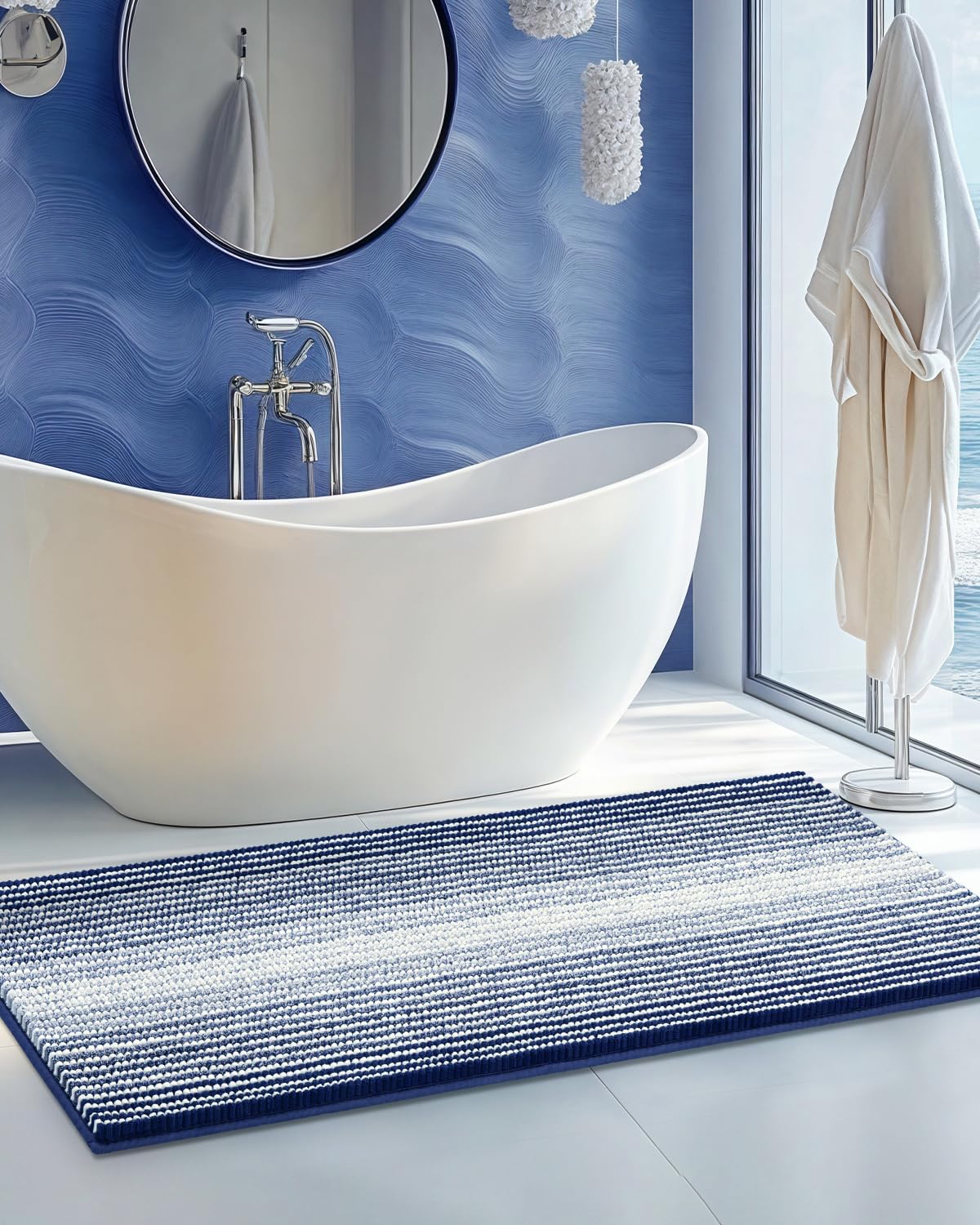 BSICPRO Bathroom Rugs Sets 2 Piece, Non Slip Striped Bath Mats, Aqua Green