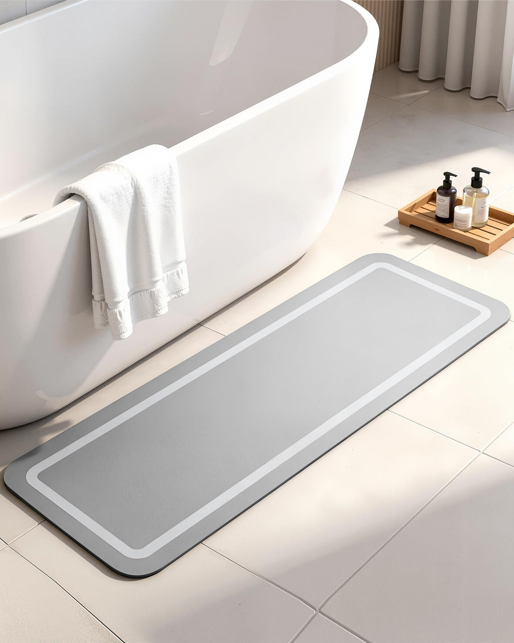 Soft Diatomaceous Earth Bath Mat, Super Absorbent Bath Mat, Quick Dry Large Bathroom Mats, Gray Bathroom Rugs Non Slip Washable, Stone Bath Mats Substitute, Bath Room Runner Decor, 15.74" x 47.2"