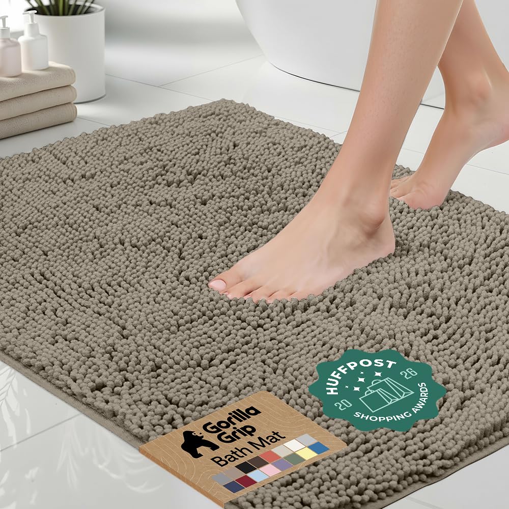 GORILLA GRIP Bath Rug Mat for Bathroom, Absorbent Chenille, 24x17 Gray