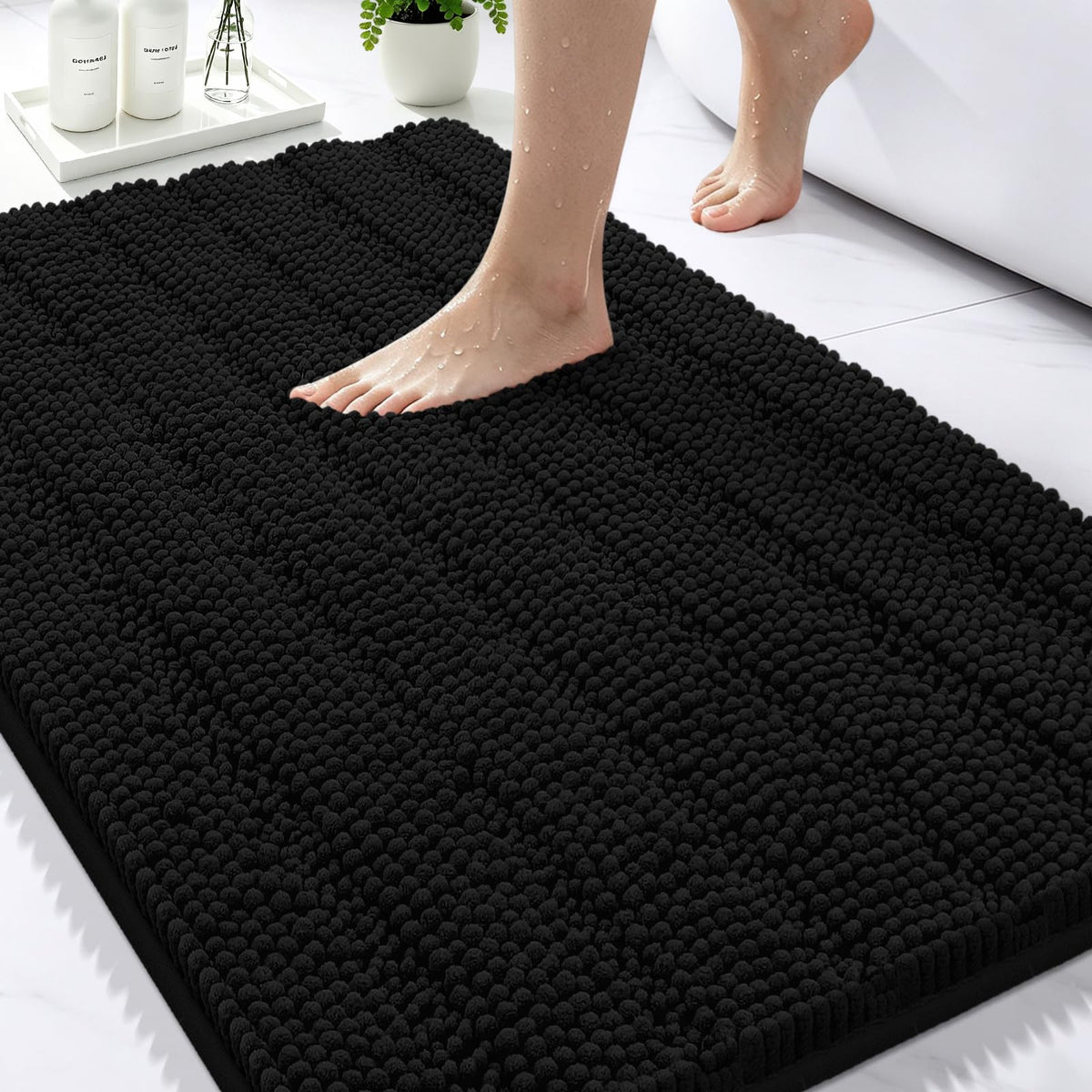 Bcoimo Small Bath Rug Mat,24x17 Chenille Non Slip Black Bathroom Floor Mats