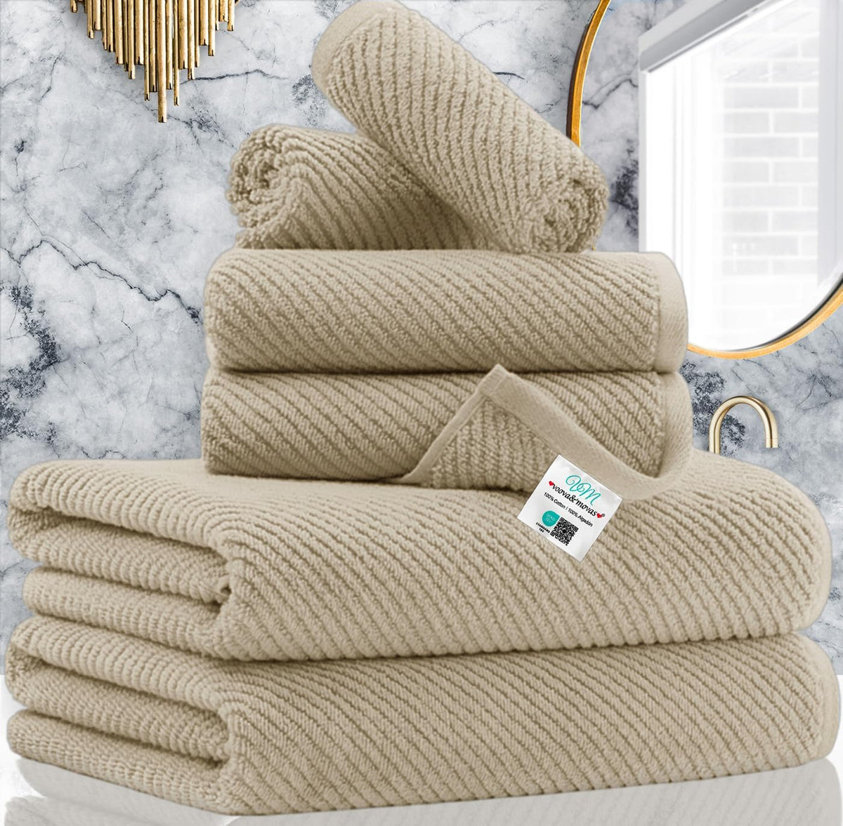 VOOVA & MOVAS 6PC Towel Set, 100% Cotton, Dark Grey