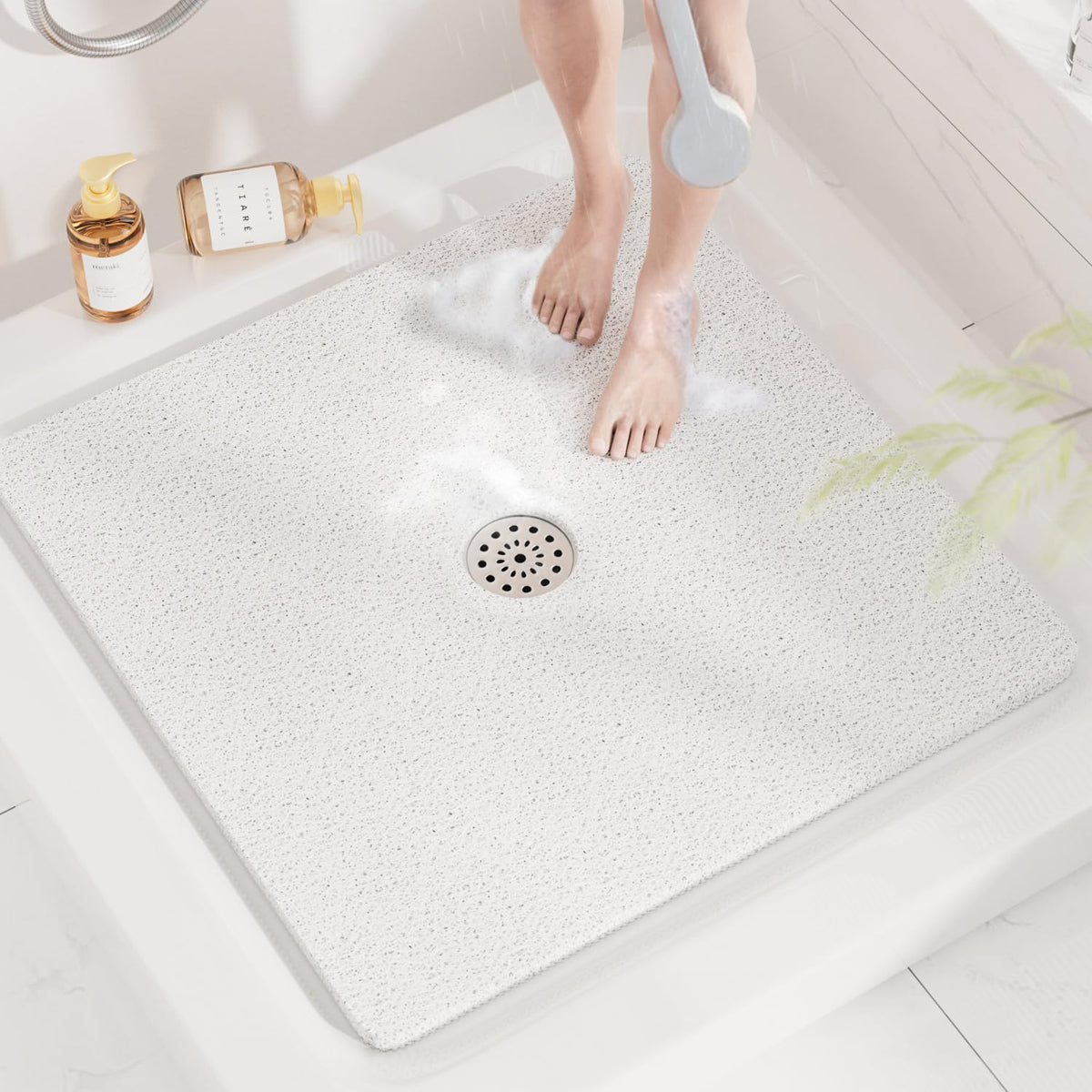 HITSLAM Square Shower Mat, 24 x 24 Inch Non Slip Bath Mat for Tub, Soft PVC Loofah Bathtub Mats with Drain Holes, Quick Drying Bathroom Stall Floor Mat, Bathroom Accessories Without Suction Cup, Grey