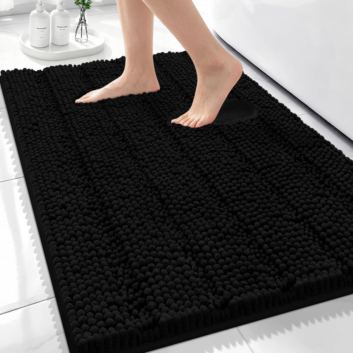 Bcoimo Small Bath Rug Mat,24x17 Chenille Non Slip Black Bathroom Floor Mats