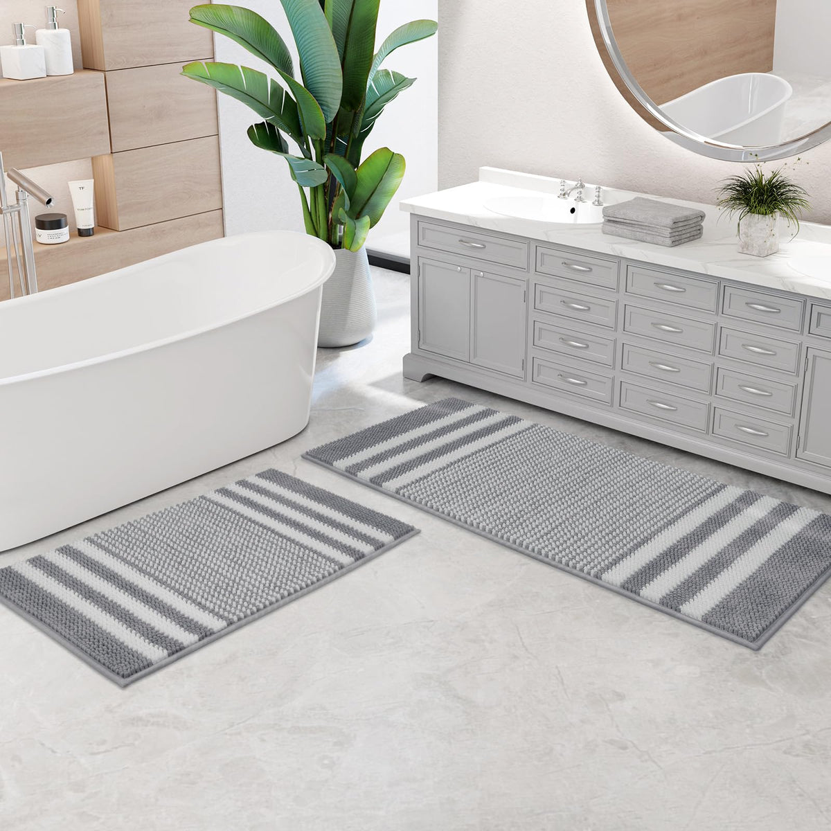 BSICPRO Bathroom Rugs Sets 2 Piece, Non Slip Striped Bath Mats, Aqua Green