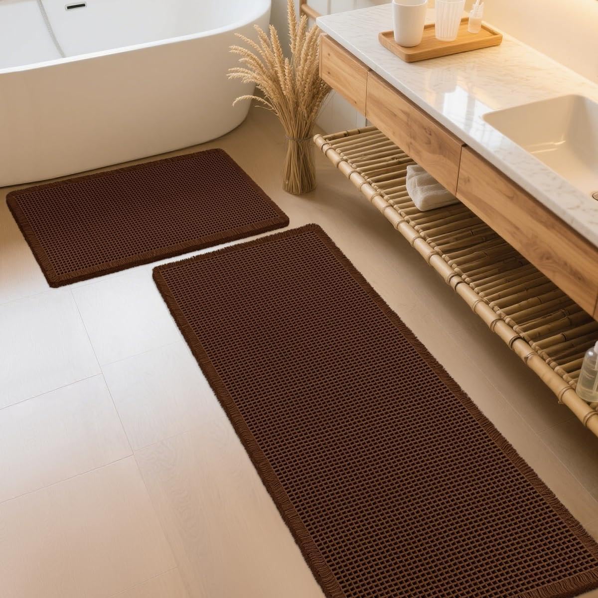 IM HOME Waffle Bath Mat Beige 32"x20", Boho Woven Modern Bath Mat Rugs, Absorbent Non Slip Bathroom Rugs, Soft Washable Bath Rugs with Tassels for Bathroom, Bedroom, Kitchen, Shower, Tub