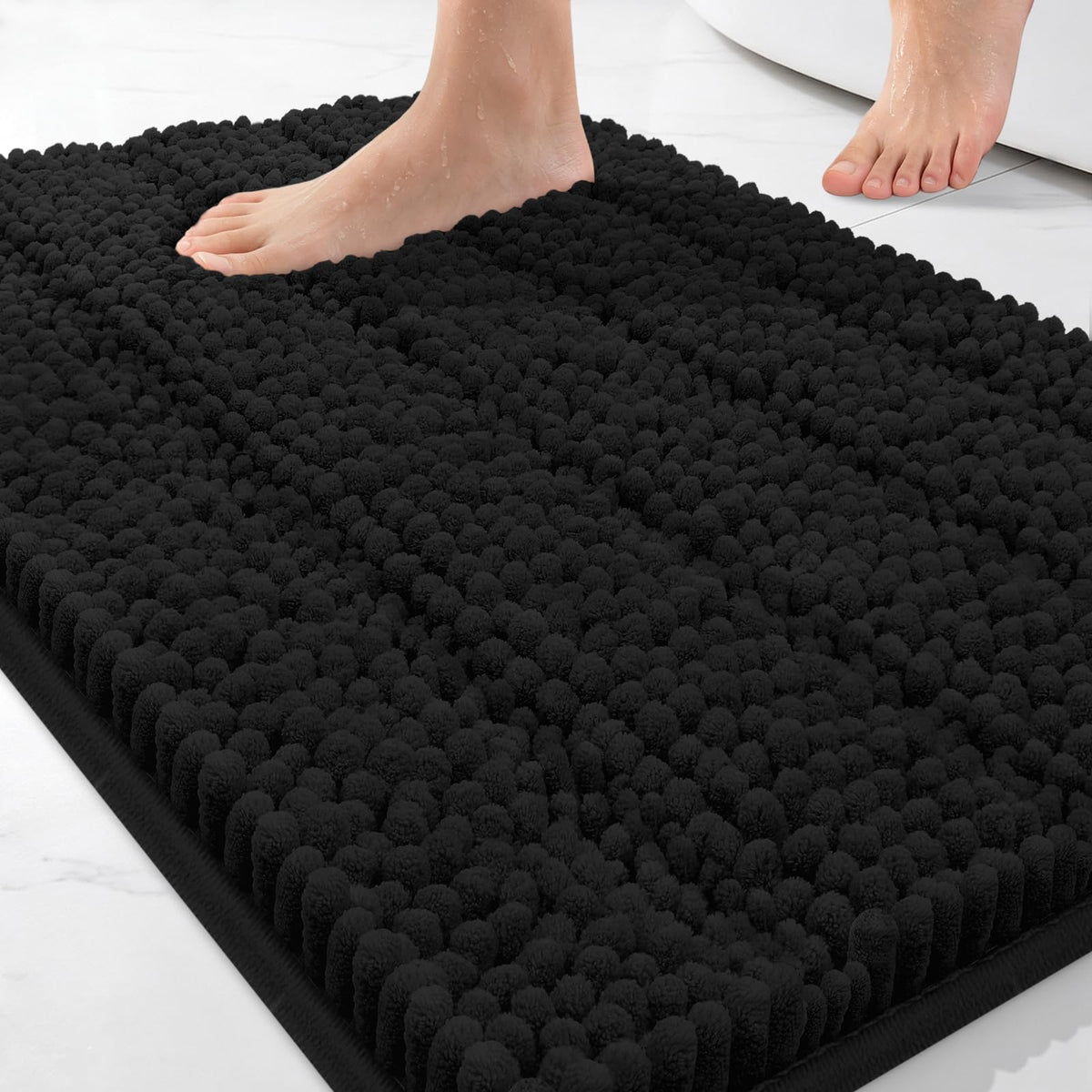 Bcoimo Small Bath Rug Mat,24x17 Chenille Non Slip Black Bathroom Floor Mats