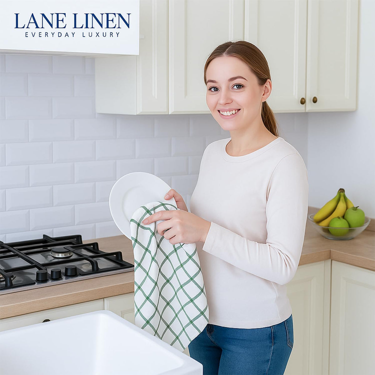 LANE LINEN Dish Towels for Kitchen 100% Cotton Tightly Woven 6 Pack - Olive