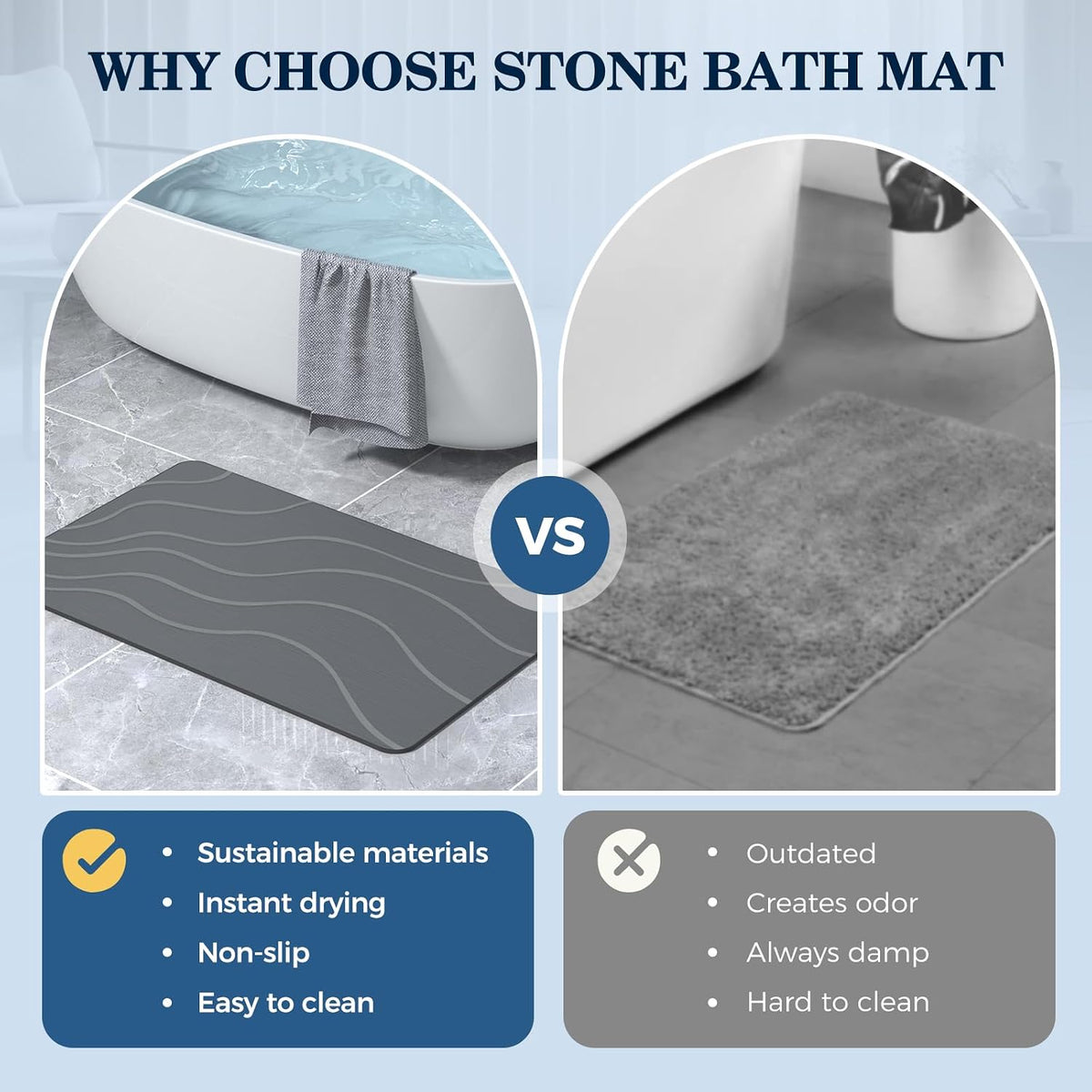 Jiloma Stone Bath Mat Diatomite Stone Mats for Bathroom Non-Slip Diatomaceous Earth Mat Super Absorbent Bathroom Floor Mat Natural Easy to Clean (24 * 16 Grey)