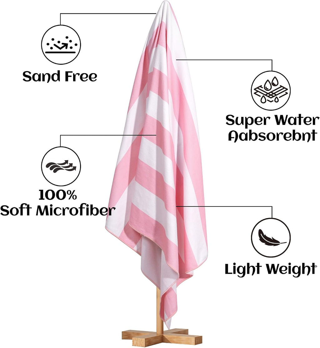 Touchat 4 Pack Beach Towels Oversized 30'' x 60'' Microfiber Pool Swim Bath Camping Travel Cabana Stripe Quick-Dry Super Absorbent Lightweight Sand Free Towel for Adults, Multi-Functional，Pink
