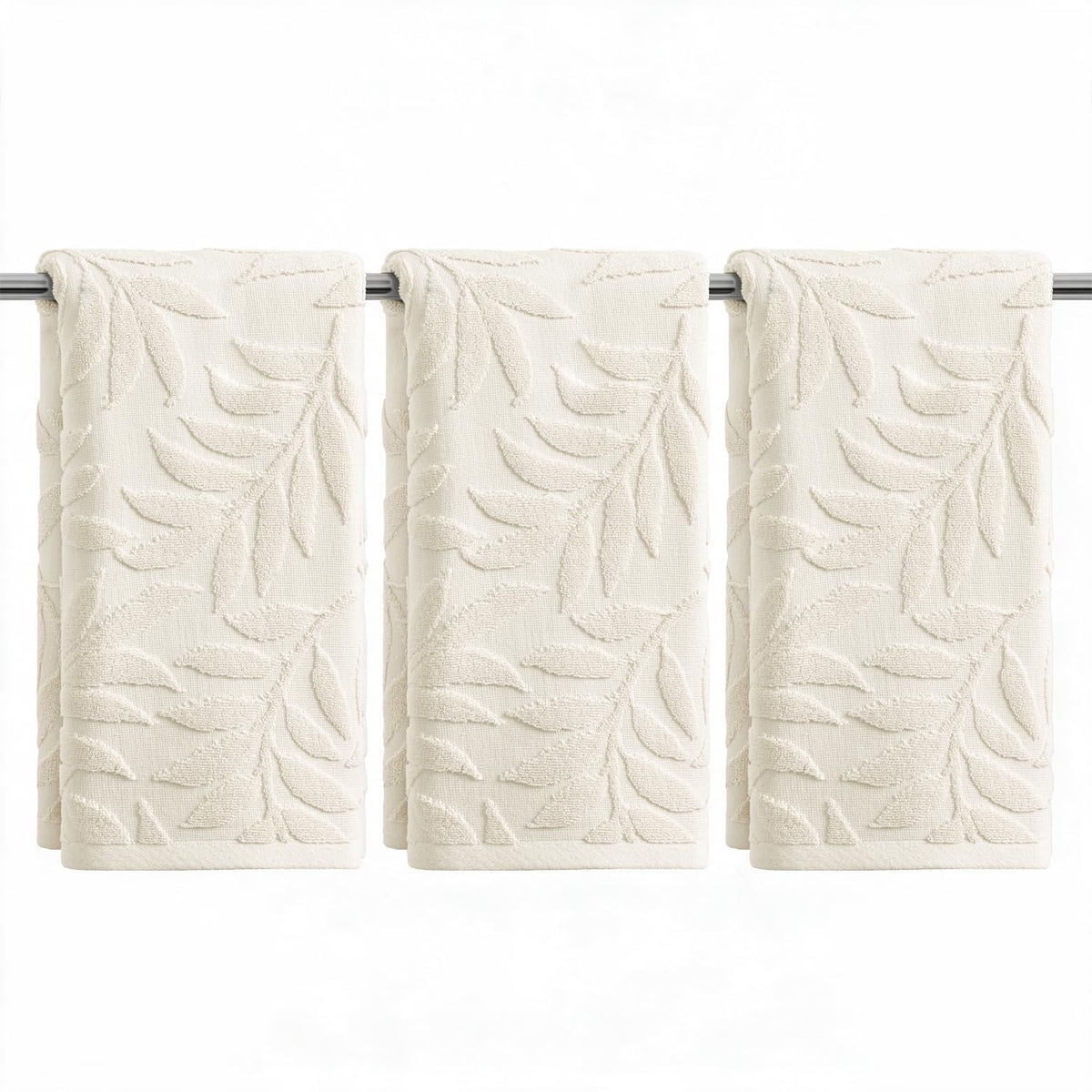 Artoid Mode 2 Pcs Beige 3D Leaves Jacquard Hand Towels for Bathroom, 100% Cotton Soft Absorbent Bathroom Decor Towels, 13.7 x 29.5 Inch
