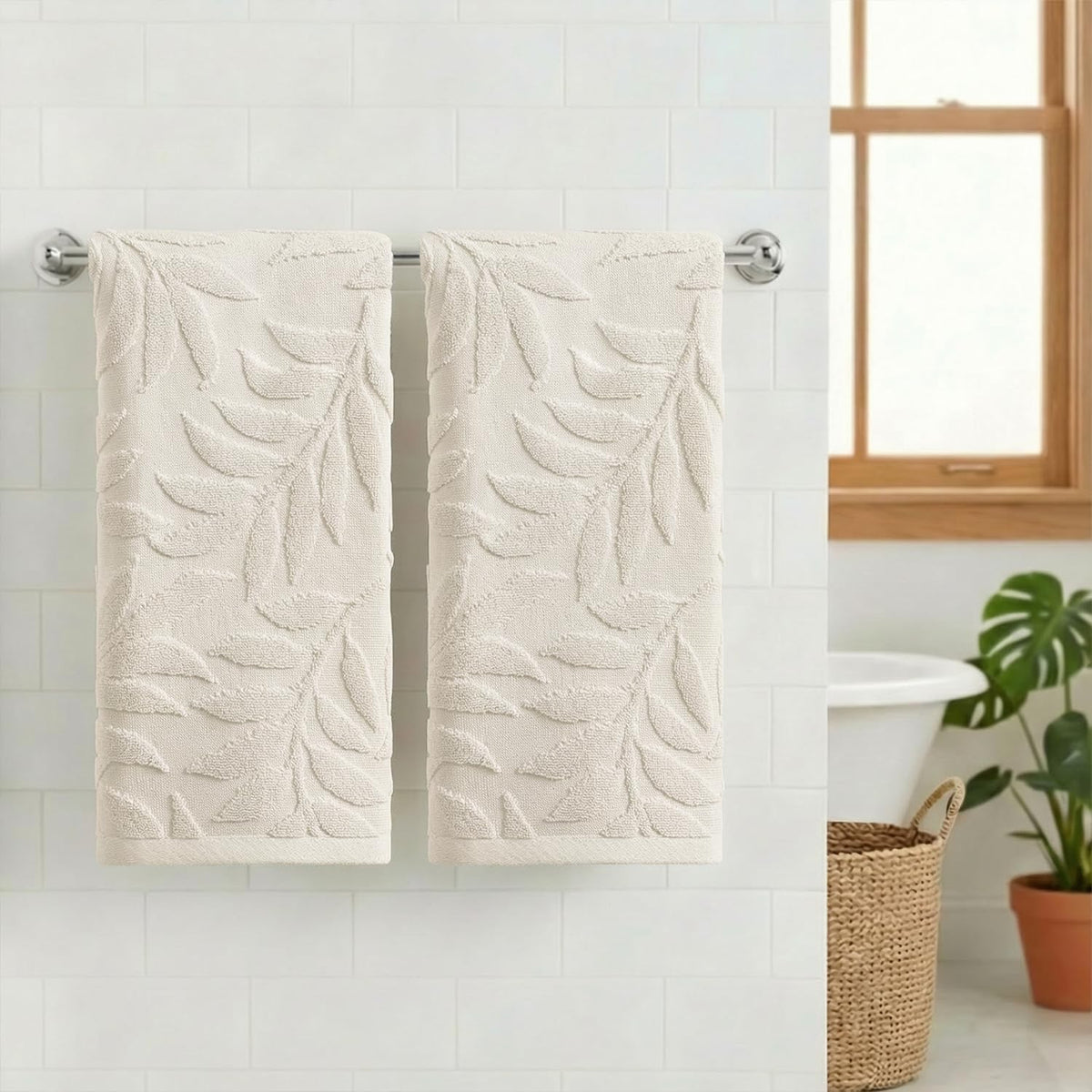 Artoid Mode 2 Pcs Beige 3D Leaves Jacquard Hand Towels for Bathroom, 100% Cotton Soft Absorbent Bathroom Decor Towels, 13.7 x 29.5 Inch