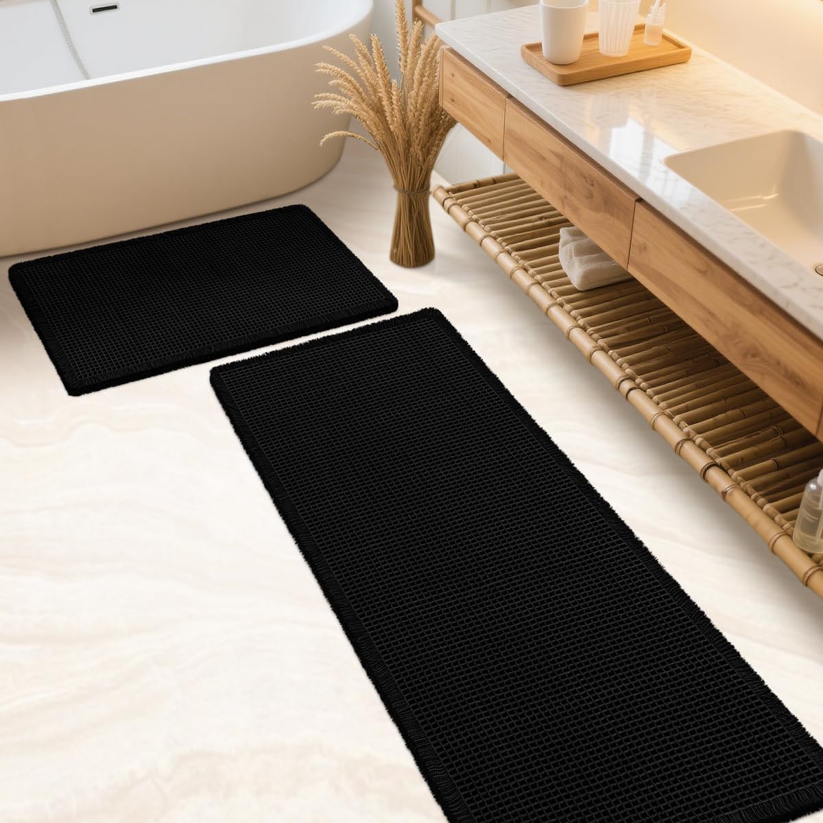 IM HOME Waffle Bath Mat Beige 32"x20", Boho Woven Modern Bath Mat Rugs, Absorbent Non Slip Bathroom Rugs, Soft Washable Bath Rugs with Tassels for Bathroom, Bedroom, Kitchen, Shower, Tub