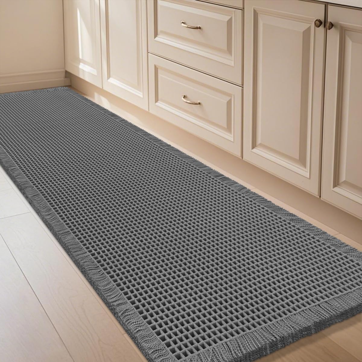 IM HOME Waffle Bath Mat Beige 32"x20", Boho Woven Modern Bath Mat Rugs, Absorbent Non Slip Bathroom Rugs, Soft Washable Bath Rugs with Tassels for Bathroom, Bedroom, Kitchen, Shower, Tub
